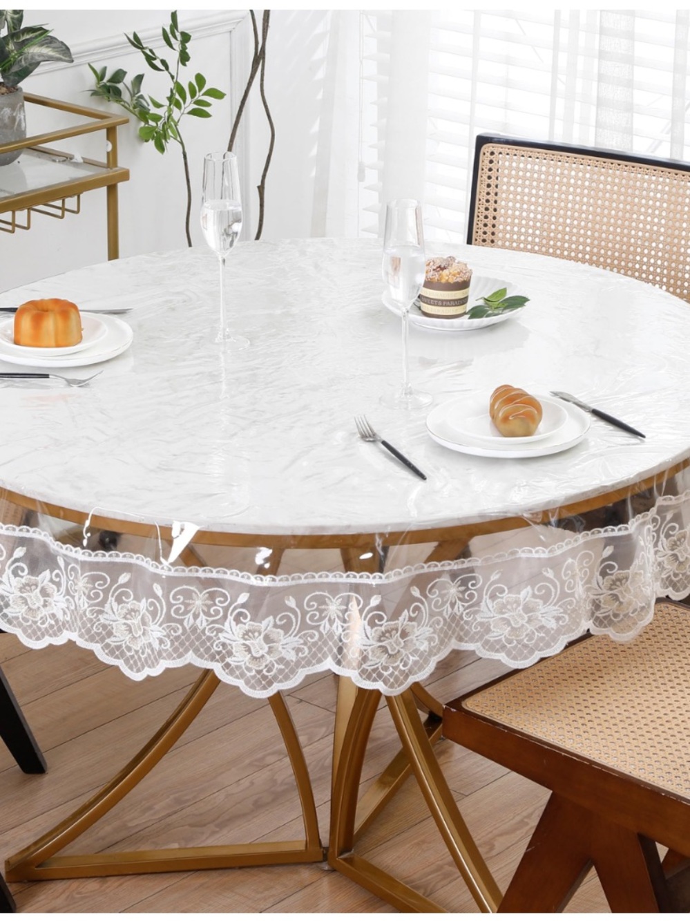 Clear Plastic Tablecloth Lace Accent Waterproof Oil-Proof Stain-Resistant ROUND